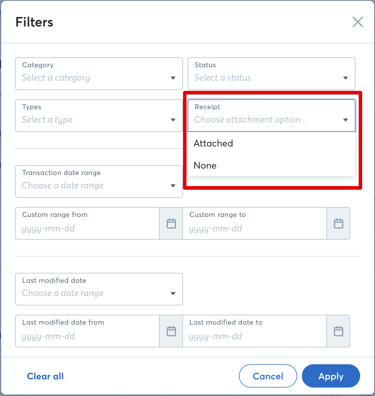 Screenshot of filter modal