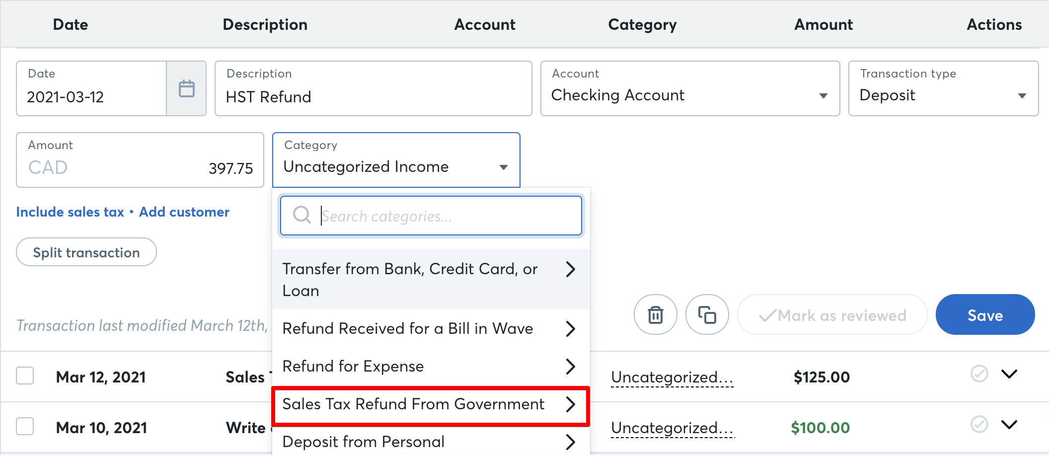 Categorizing a sales tax refund
